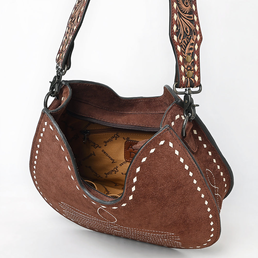 ADBG1720 Suede Hobo Bag with Hand Tooled Leather Strap & White Stitch Detailing