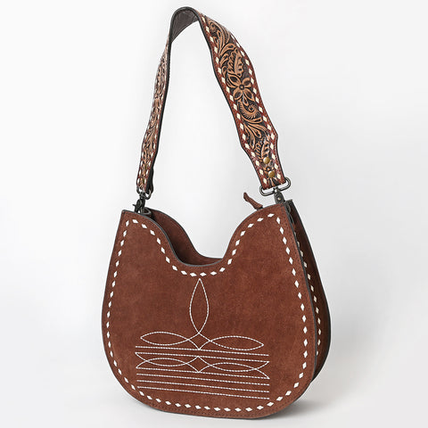 American Darling Genuine Suede Hobo Bag | Boot Stitched Tooled Leather Strap