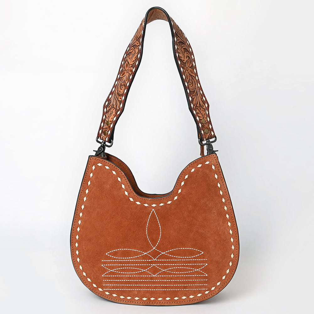 ADBG1720 Suede Hobo Bag with Hand Tooled Leather Strap & White Stitch Detailing