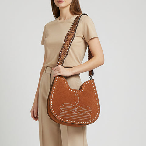 American Darling Genuine Suede Hobo Bag | Boot Stitched Tooled Leather Strap