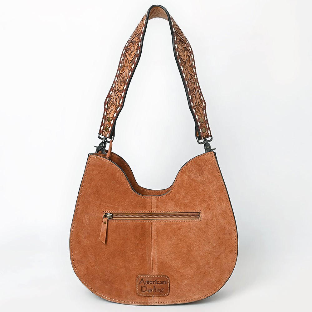 ADBG1720 Suede Hobo Bag with Hand Tooled Leather Strap & White Stitch Detailing