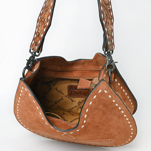 American Darling Genuine Suede Hobo Bag | Boot Stitched Tooled Leather Strap