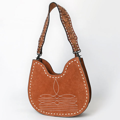 American Darling Genuine Suede Hobo Bag | Boot Stitched Tooled Leather Strap