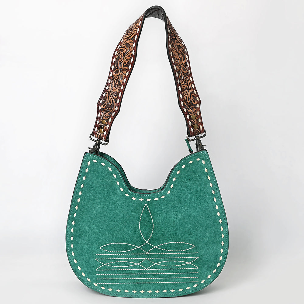 ADBG1720 Suede Hobo Bag with Hand Tooled Leather Strap & White Stitch Detailing
