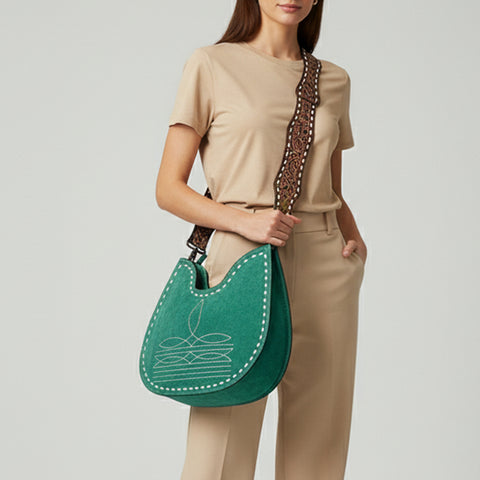 American Darling Genuine Suede Hobo Bag | Boot Stitched Tooled Leather Strap