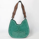 ADBG1720 Suede Hobo Bag with Hand Tooled Leather Strap & White Stitch Detailing