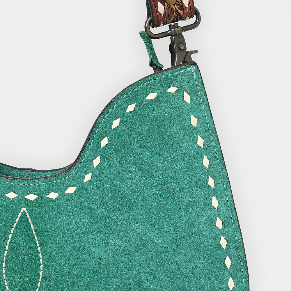 ADBG1720 Suede Hobo Bag with Hand Tooled Leather Strap & White Stitch Detailing