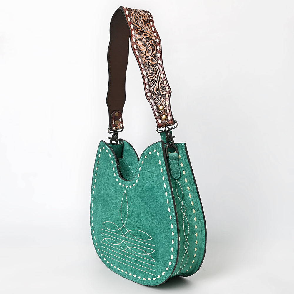ADBG1720 Suede Hobo Bag with Hand Tooled Leather Strap & White Stitch Detailing