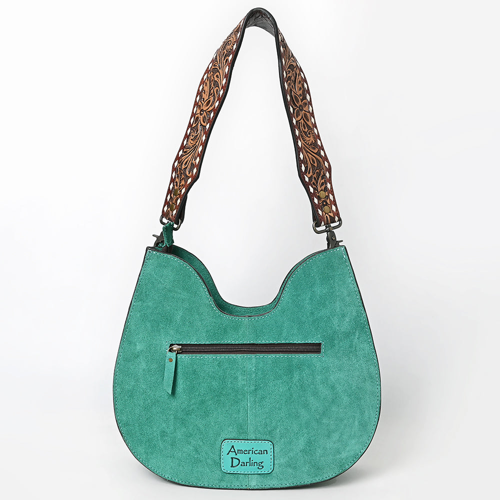 ADBG1720 Suede Hobo Bag with Hand Tooled Leather Strap & White Stitch Detailing