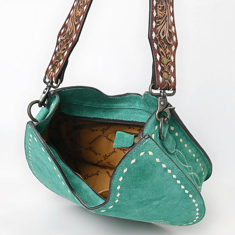American Darling Genuine Suede Hobo Bag | Boot Stitched Tooled Leather Strap