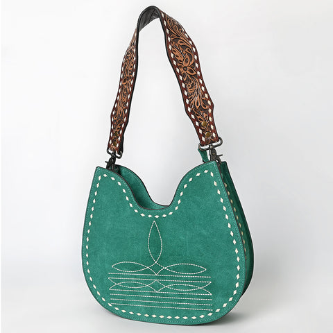 American Darling Genuine Suede Hobo Bag | Boot Stitched Tooled Leather Strap