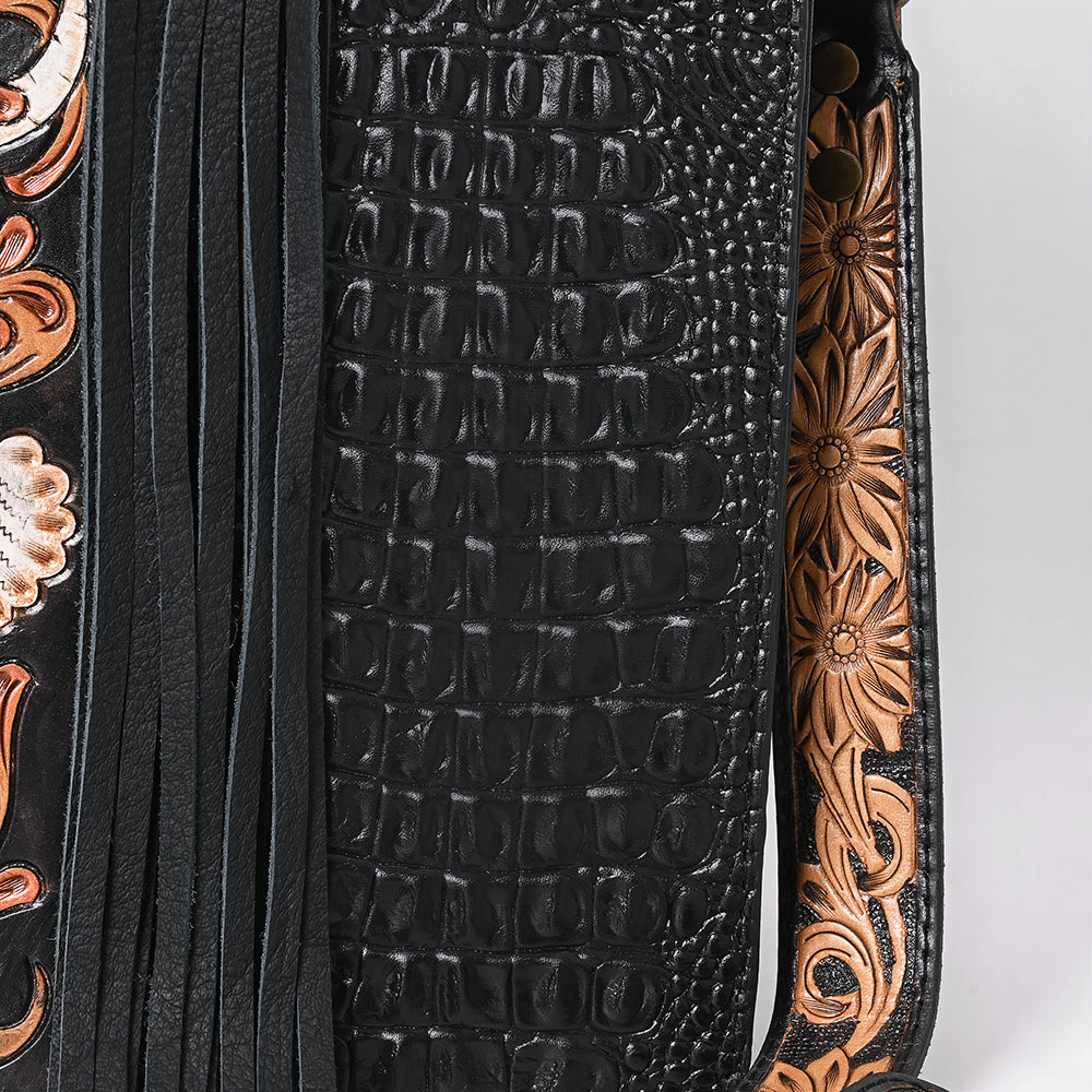 ADBG1721 Black Croc Embossed Leather Western Tote with Longhorn Skull Applique Fringe & Tooled Strap