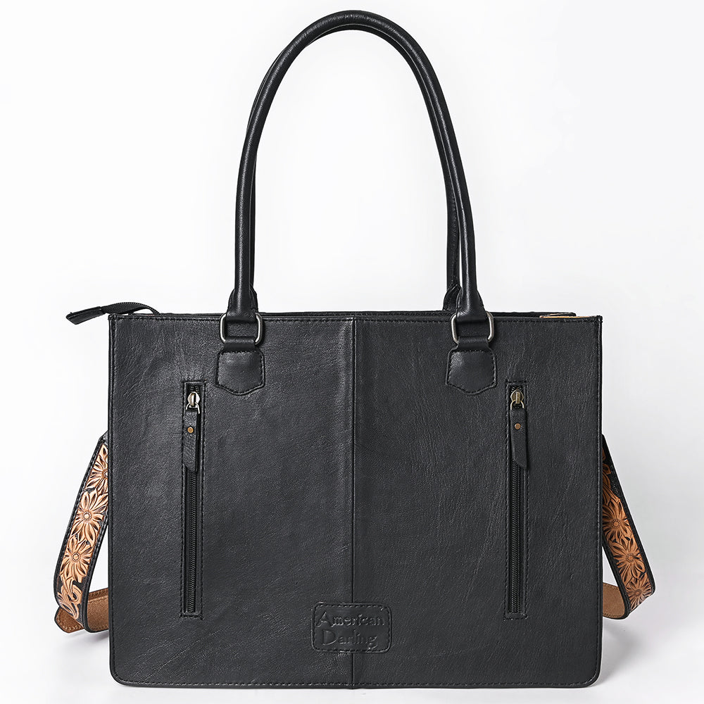 ADBG1721 Black Croc Embossed Leather Western Tote with Longhorn Skull Applique Fringe & Tooled Strap