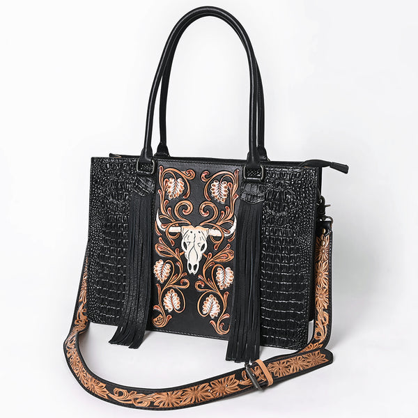 ADBG1721 Black Croc Embossed Leather Western Tote with Longhorn Skull Applique Fringe & Tooled Strap