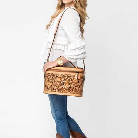 American Darling Hand Tooled Floral Carved Genuine Leather Jewelry Case