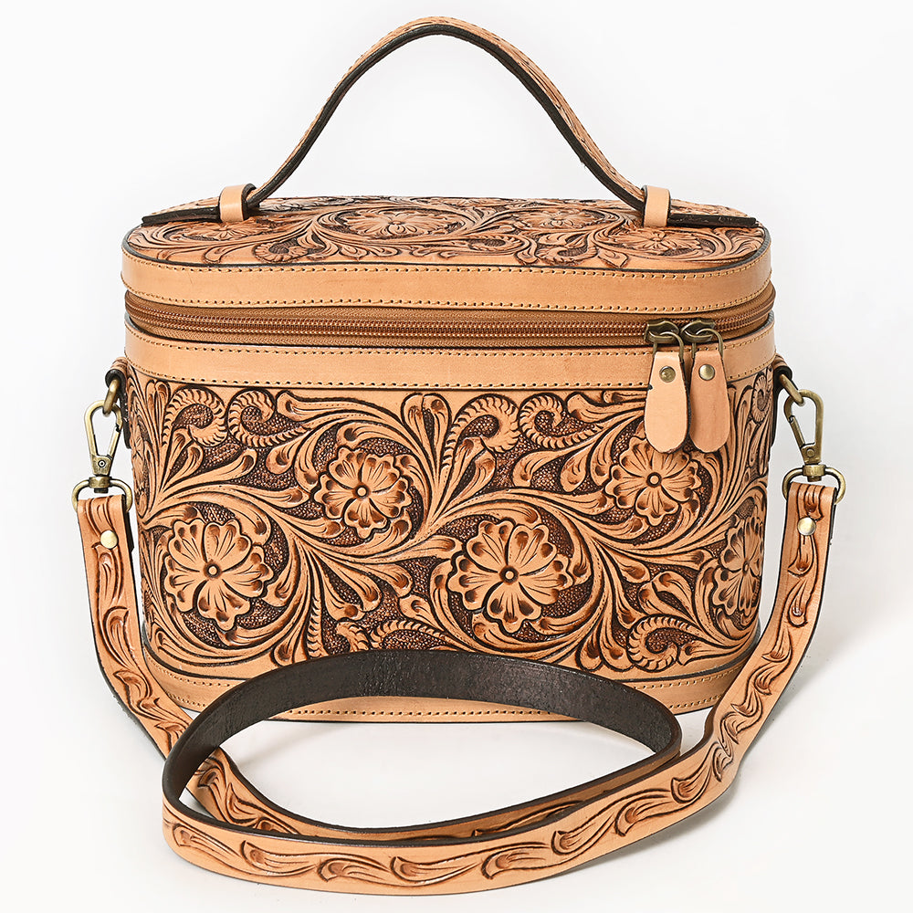 ADBGA779 Natural Tooled Leather Box Handbag - Full Floral Carving with Top Handle & Shoulder Strap