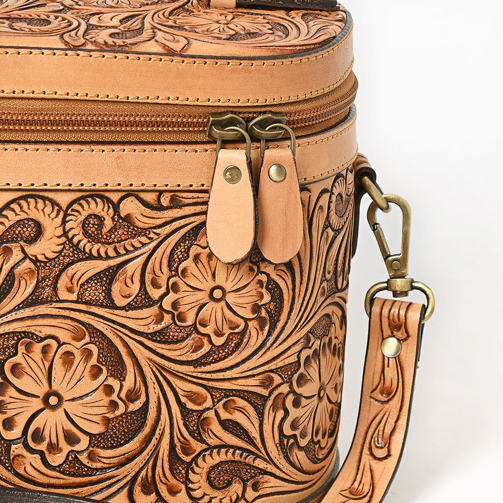 ADBGA779 Natural Tooled Leather Box Handbag - Full Floral Carving with Top Handle & Shoulder Strap