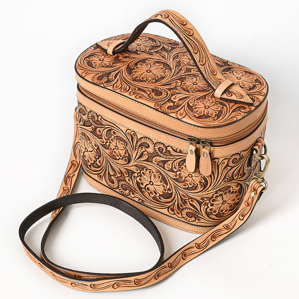 ADBGA779 Natural Tooled Leather Box Handbag - Full Floral Carving with Top Handle & Shoulder Strap