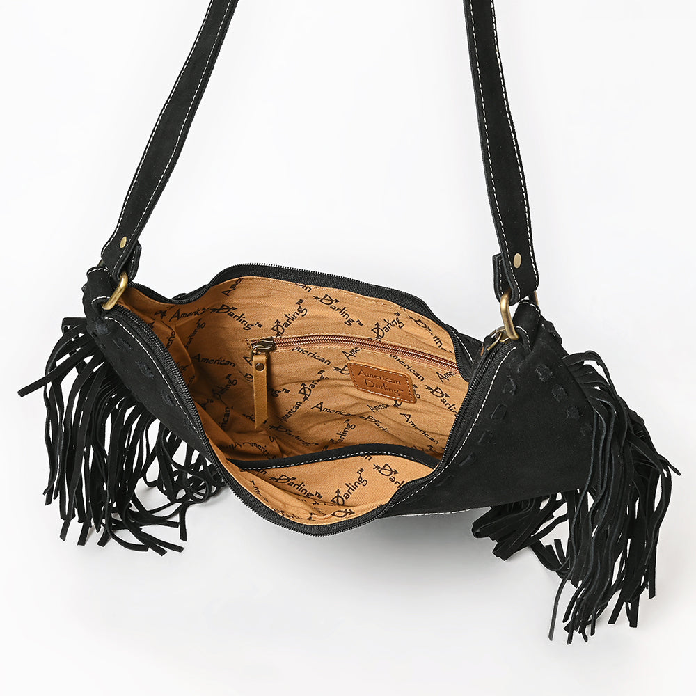 ADBGA733 V-Cut Genuine suede Fringe Crossbody Bag - Western Embroidered Hobo Purse