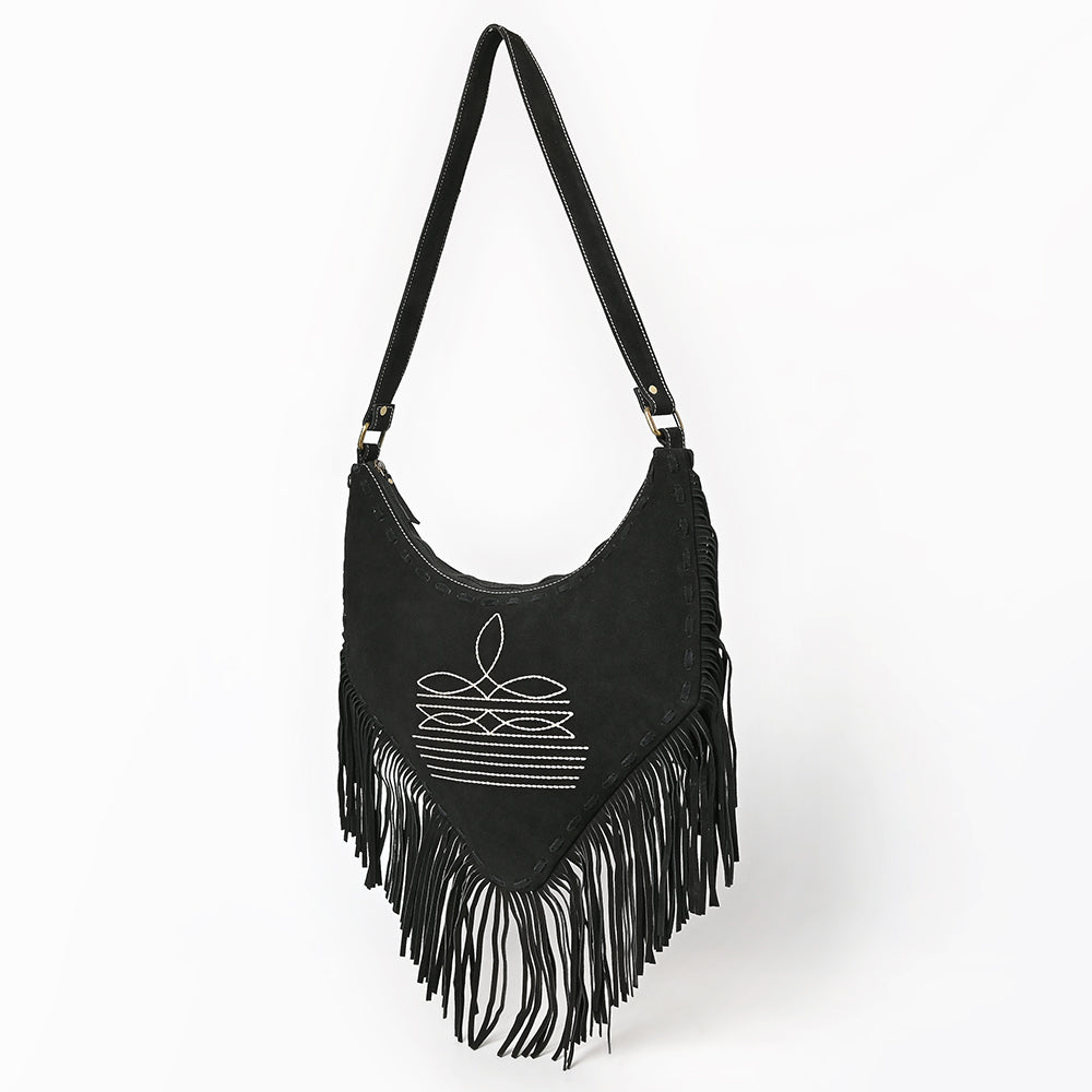 ADBGA733 V-Cut Genuine suede Fringe Crossbody Bag - Western Embroidered Hobo Purse