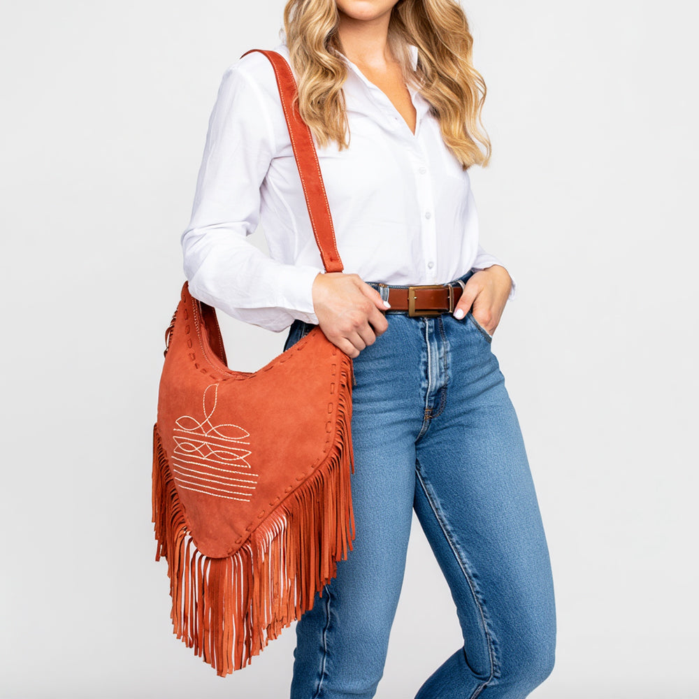 ADBGA733 V-Cut Genuine suede Fringe Crossbody Bag - Western Embroidered Hobo Purse