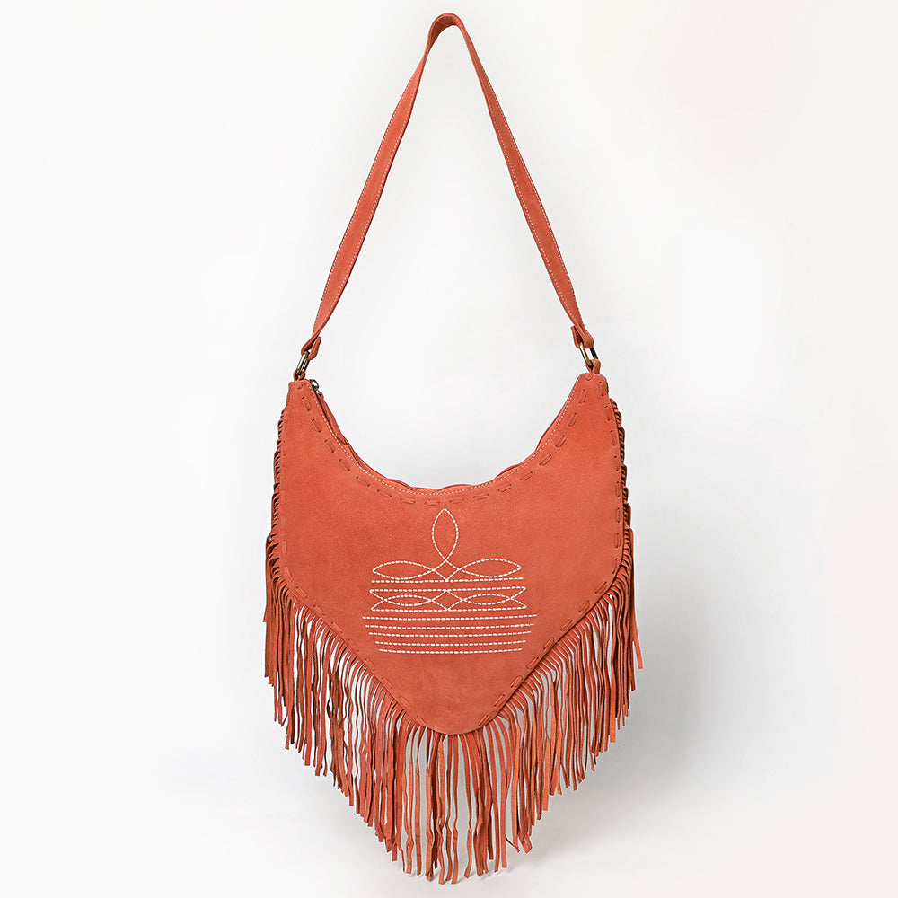ADBGA733 V-Cut Genuine suede Fringe Crossbody Bag - Western Embroidered Hobo Purse