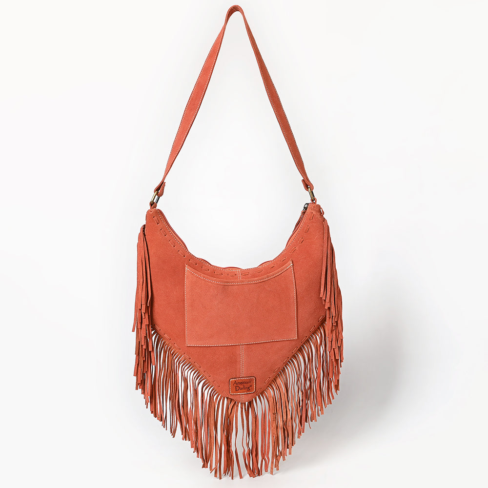 ADBGA733 V-Cut Genuine suede Fringe Crossbody Bag - Western Embroidered Hobo Purse