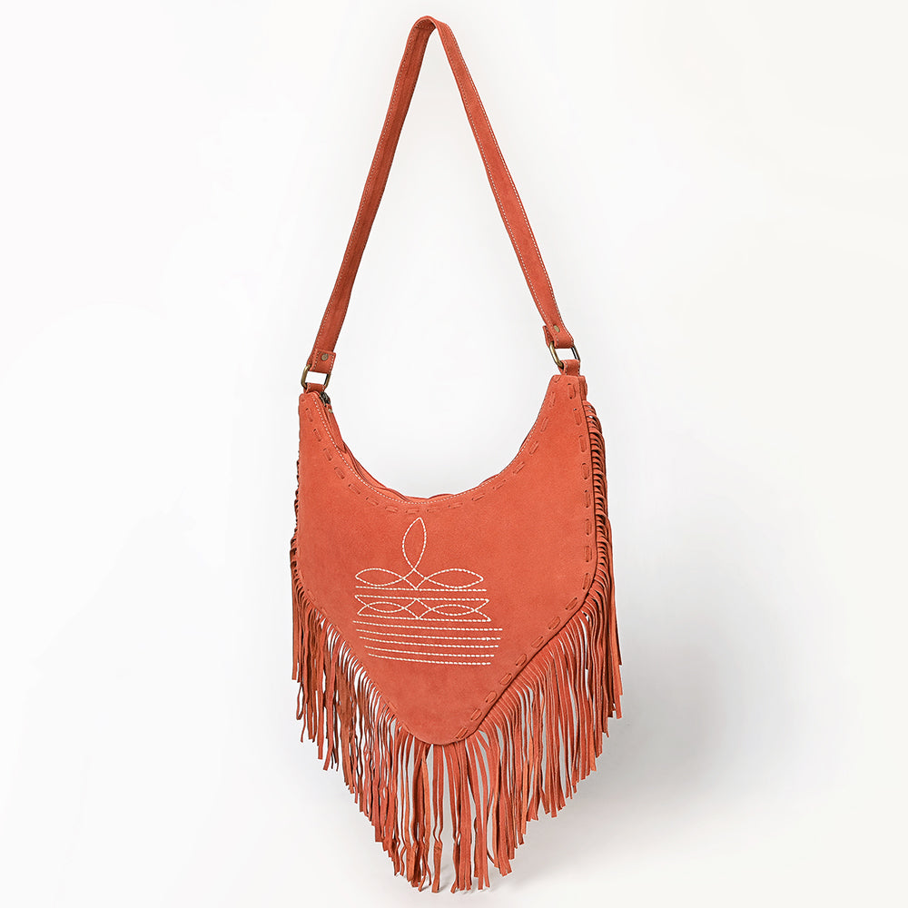 ADBGA733 V-Cut Genuine suede Fringe Crossbody Bag - Western Embroidered Hobo Purse