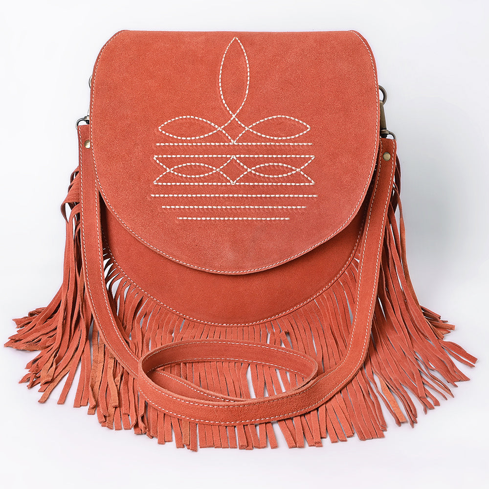 ADBGA713 Genuine suede Western Fringe Messenger Bag - White Stitch Design with Flap Closure