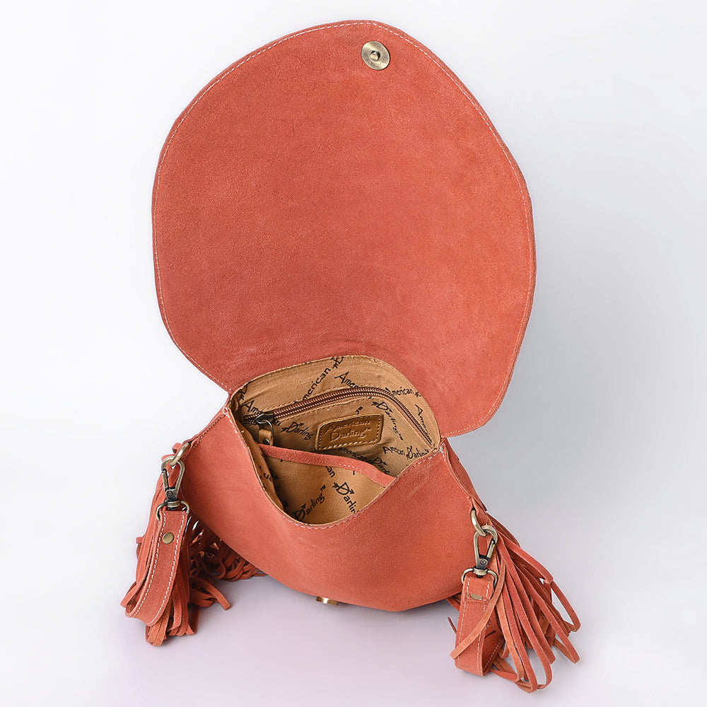 ADBGA713 Genuine suede Western Fringe Messenger Bag - White Stitch Design with Flap Closure