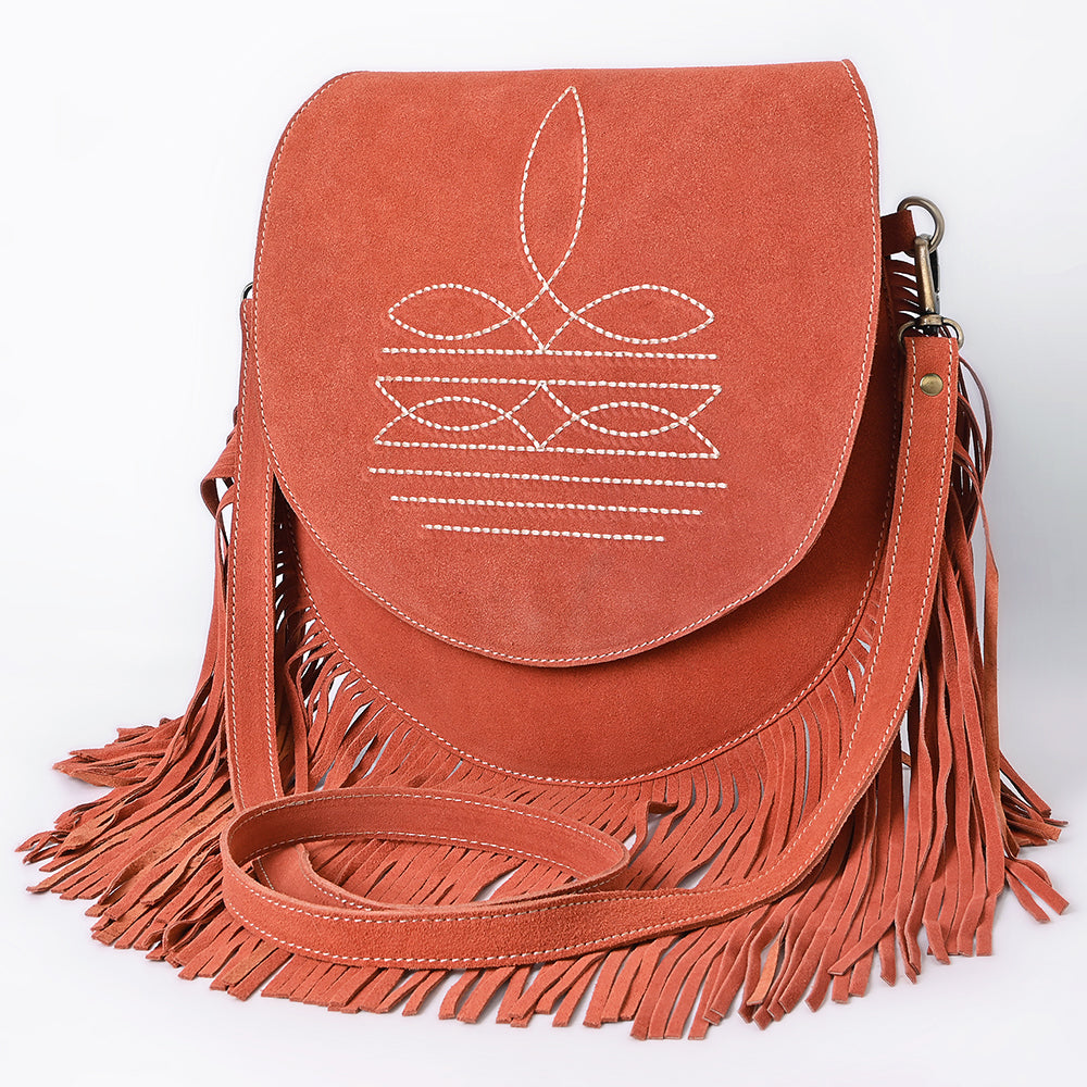 ADBGA713 Genuine suede Western Fringe Messenger Bag - White Stitch Design with Flap Closure