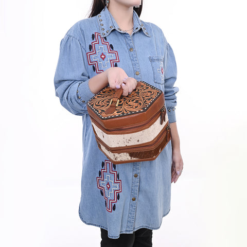 American Darling Hair-On Cowhide Hand Tooled Genuine Leather Jewelry Case