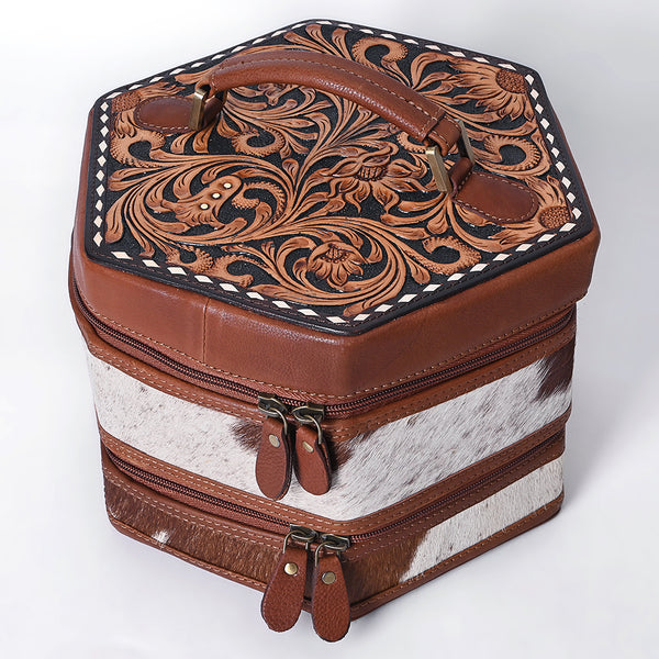 ADBGA781 Hexagon Tooled Leather & Cowhide Western Travel Case - Dual Zippers with Handle