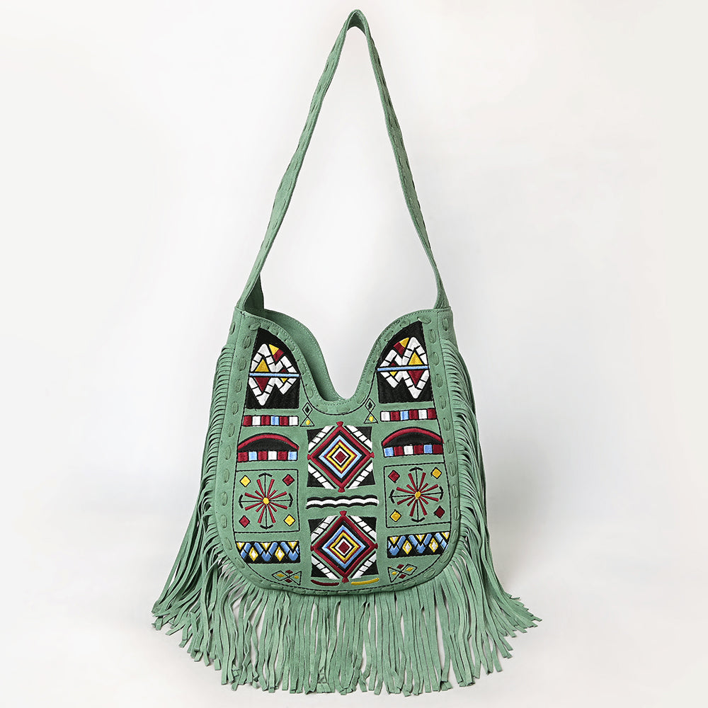 ADBGA782 Green Fringe Genuine suede Shoulder Bag - Boho Tribal Embroidered Western Purse