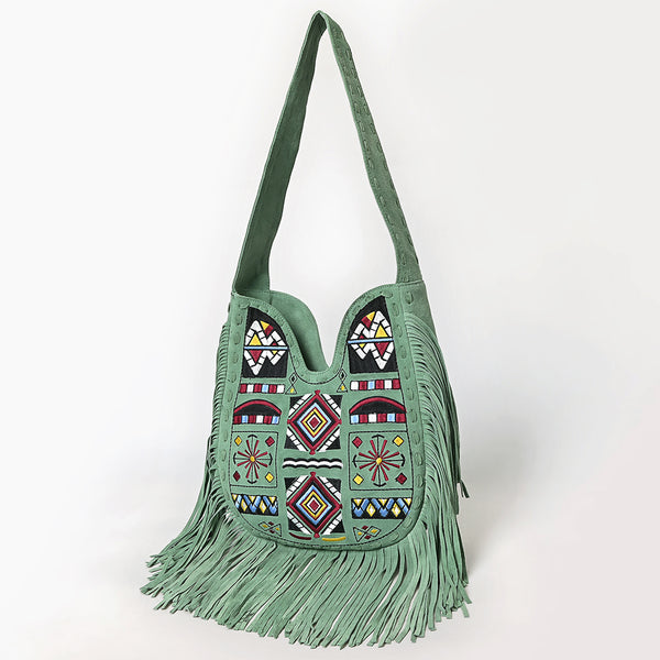 ADBGA782 Green Fringe Suede Shoulder Bag - Boho Tribal Embroidered Western Purse