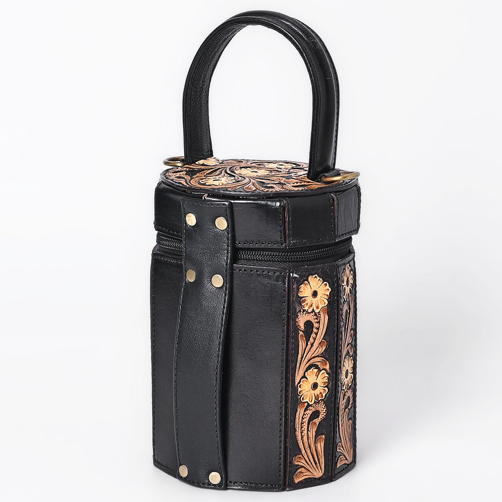ADBGA783 Black Cylindrical Tooled Leather Case - Floral Carved Western Vanity with Handle