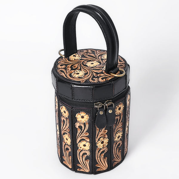 ADBGA783 Black Cylindrical Tooled Leather Case - Floral Carved Western Vanity with Handle