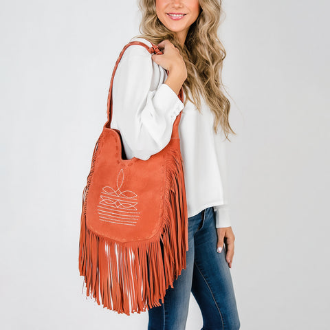 American Darling Fringe Boot Stitched Genuine Leather Large Cross body Bag