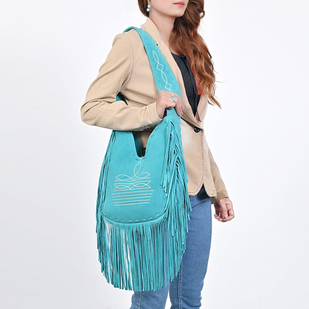 ADBGA734 Genuine suede Fringe Large Crossbody Bag - Western Embroidered Boho Hobo Purse