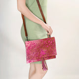 ADBG1295 Pink Acid-Wash Cowhide Leather Clutch - Metallic Hair-On Crossbody with Tassel