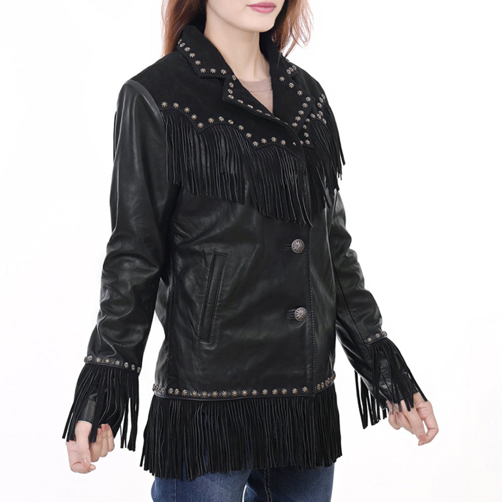 ADJKT048 Women's Black Leather Fringe Western Jacket with Stud Accents