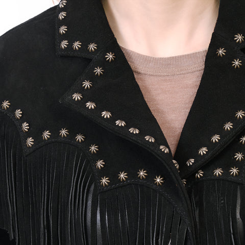 ADJKT048 Women's Black Leather Fringe Western Jacket with Stud Accents