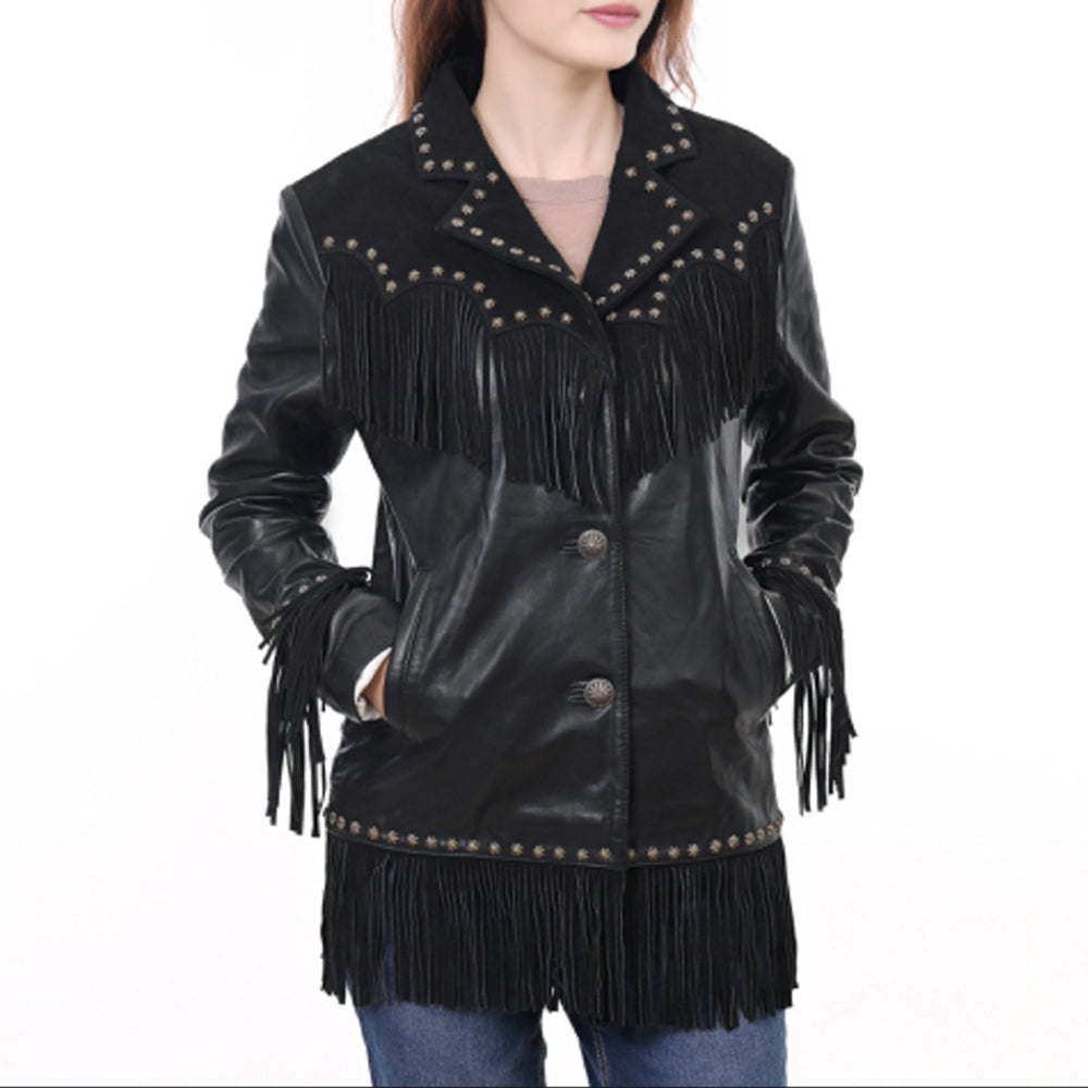 ADJKT048 Women's Black Leather Fringe Western Jacket with Stud Accents