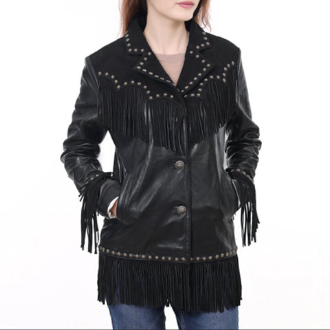 ADJKT048 Women's Black Leather Fringe Western Jacket with Stud Accents