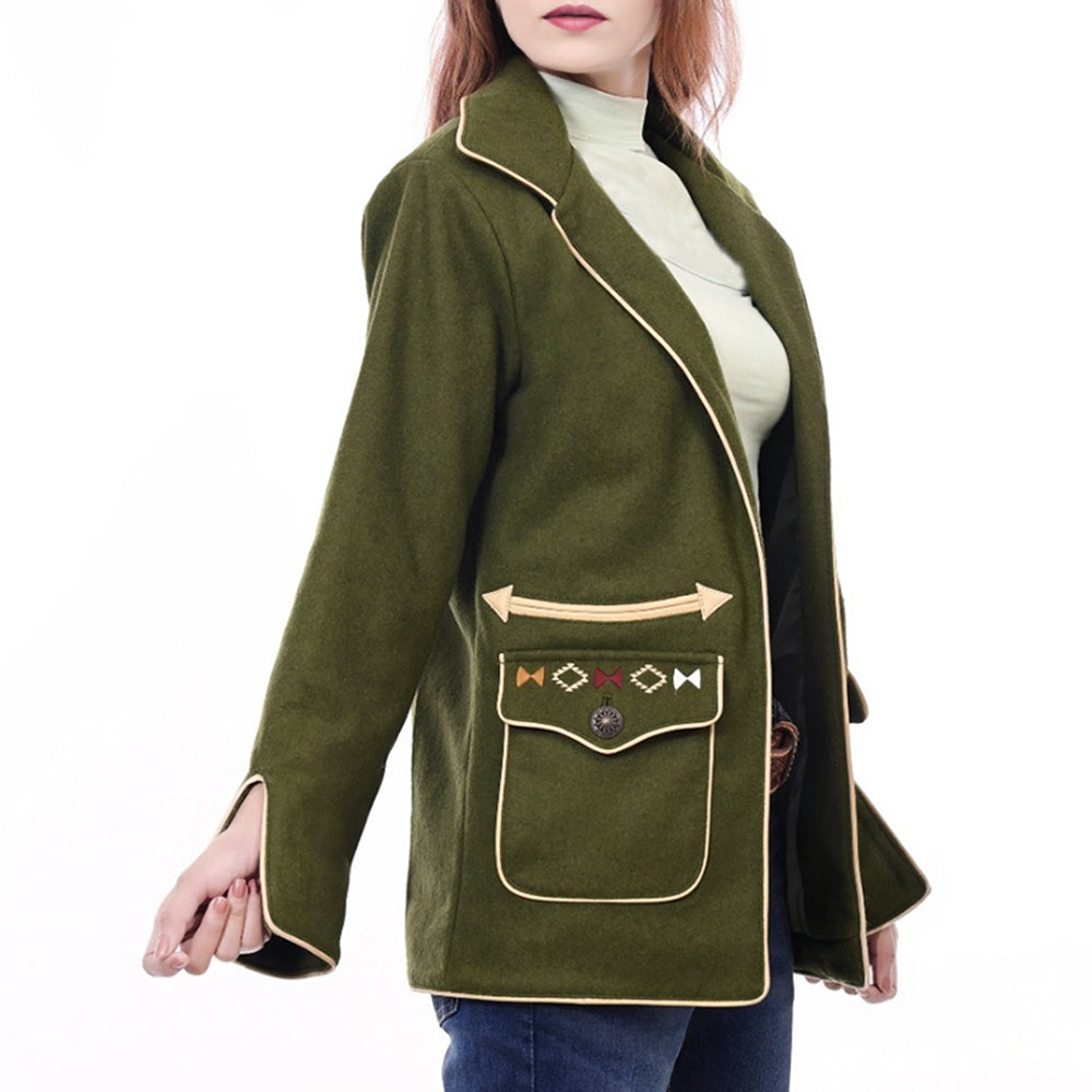 ADJKT069 Women's Olive Green Western Wool Blazer with Embroidered Arrow Pockets