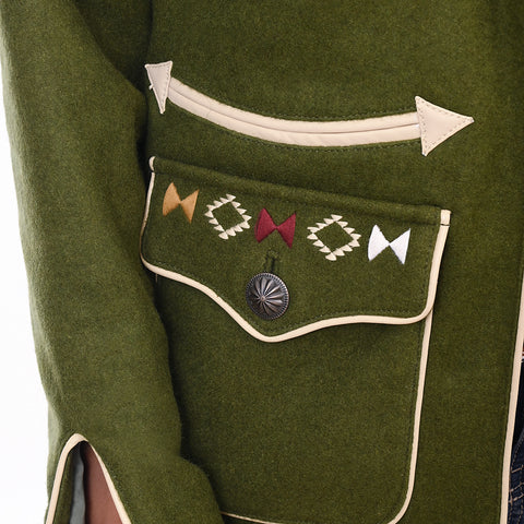 ADJKT069 Women's Olive Green Western Wool Blazer with Embroidered Arrow Pockets