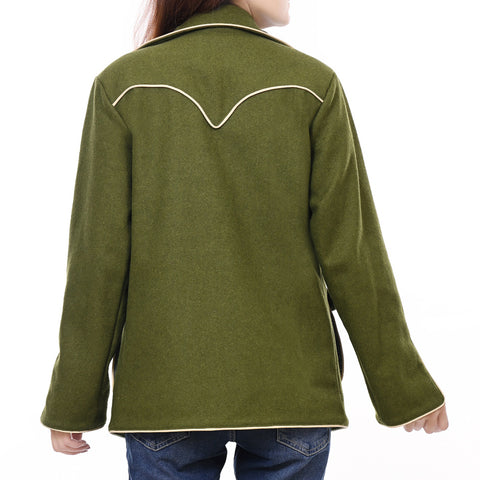 ADJKT069 Women's Olive Green Western Wool Blazer with Embroidered Arrow Pockets