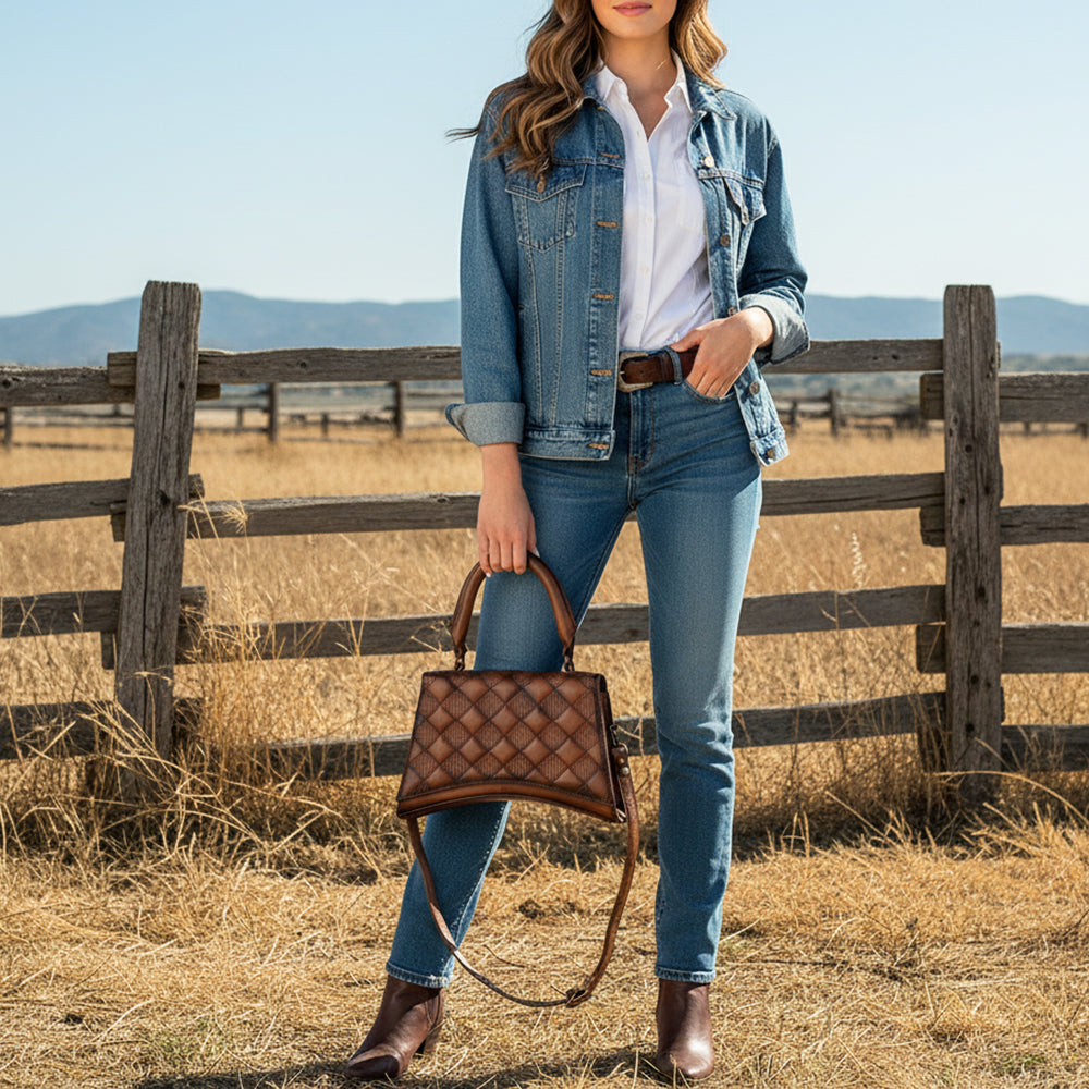 ADBGM629 Mini Western Handbag - Quilted Genuine Leather Purse with Detachable Strap