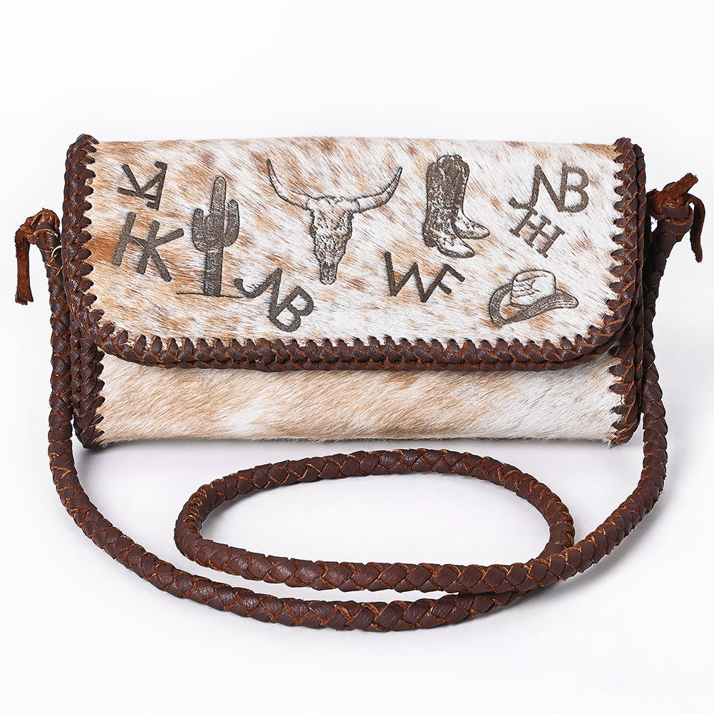 ADBGM633 Western Clutch Crossbody - Hair-On Leather Bag with Cowboy Motif & Braided Strap