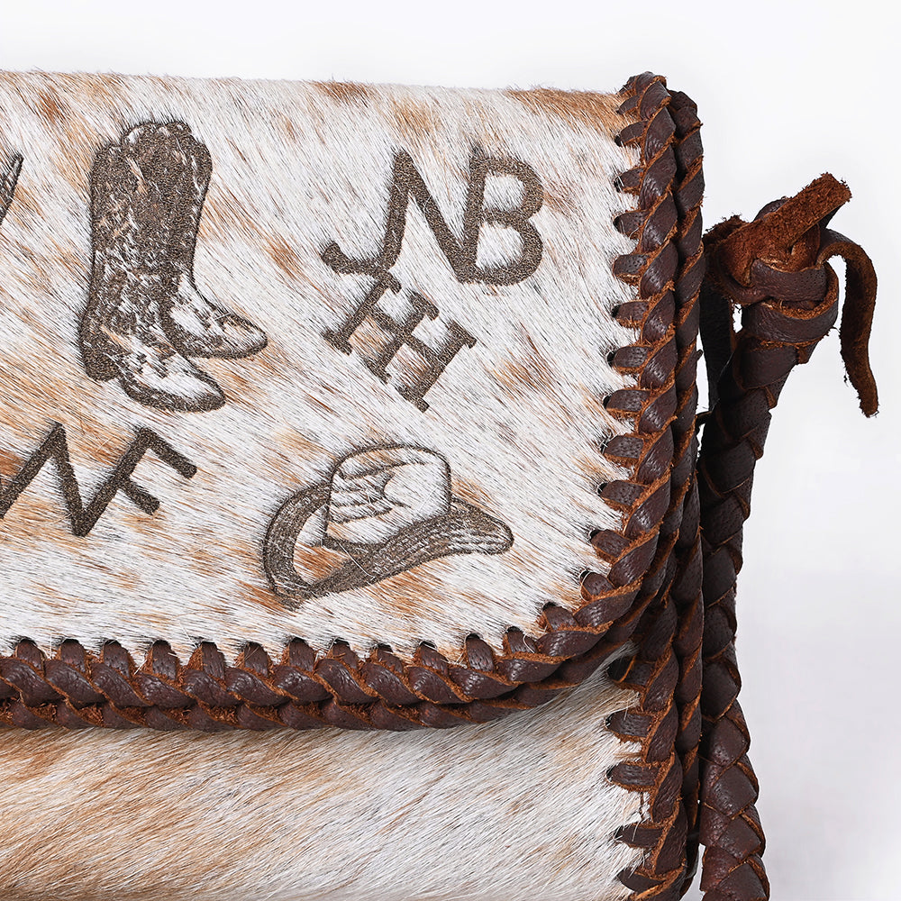 ADBGM633 Western Clutch Crossbody - Hair-On Leather Bag with Cowboy Motif & Braided Strap